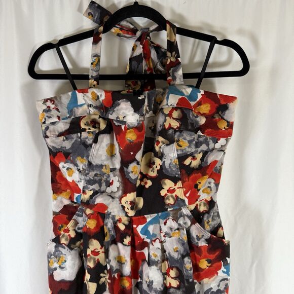 Hitherto Anthropologie Dress Women's 14 Blue Red Floral Zip Back Sleeveless Tie - Picture 2 of 14